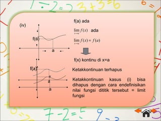 (iv)
a
f(a)
f(a) ada
)(lim xf
ax→
ada
)()(lim afxf
ax
=
→
f(x) kontinu di x=a
Ketakkontinuan terhapus
Ketakkontinuan kasus (i) bisa
dihapus dengan cara endefinisikan
nilai fungsi dititik tersebut = limit
fungsi
a
º
 