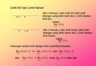 )(lim xf
cx 

LxfLxfLxf
cxcxcx
 

)(limdan)(lim)(lim
10
Limit Kiri dan Limit Kanan
cx
Jika x menuju c dari arah kiri (dari arah
bilangan yang lebih kecil dari c, limit disebut
limit kiri,
)(lim xf
cx 

Jika x menuju c dari arah kanan (dari arah
bilangan yang lebih besar dari c, limit disebut
limit kanan,
c x
Hubungan antara limit dengan limit sepihak(kiri/kanan)
notasi
notasi
Jika )(lim xf
cx 

)(lim xf
cx 

maka tidak ada)(lim xf
cx
 