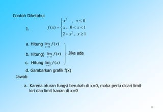 )(lim
1
xf
x
)(lim
2
xf
x
11









1,2
10,
0,
)(
2
2
xx
xx
xx
xf
)(lim
0
xf
x
Contoh Diketahui
a. Hitung
d. Gambarkan grafik f(x)
Jawab
a. Karena aturan fungsi berubah di x=0, maka perlu dicari limit
kiri dan limit kanan di x=0
c. Hitung
b. Hitung) Jika ada
1.
 