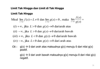 atasarahdari0)(dan0jika,)(  xgLi
21
Limit Tak Hingga dan Limit di Tak Hingga
Limit Tak Hingga
maka,0)(limdan0)(limMisal 

xgLxf
axax

 )(
)(
lim
xg
xf
ax
bawaharahdari0)(dan0jika,)(  xgLii
bawaharahdari0)(dan0jika,)(  xgLiii
atasarahdari0)(dan0jika,)(  xgLiv
Ctt : g(x)  0 dari arah atas maksudnya g(x) menuju 0 dari nilai g(x)
positif.
g(x)  0 dari arah bawah maksudnya g(x) menuju 0 dari nilai g(x)
negatif.
 