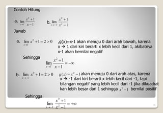 0
2
1
lim 2
1






x
x






 1
1
lim 2
2
1 x
x
x
16
Contoh Hitung
1
1
lim
2
1 


 x
x
x
a.
1
1
lim 2
2
1 



 x
x
x
b.
Jawab
a. 0
2
1
lim 2
1





x
x
,g(x)=x-1 akan menuju 0 dari arah bawah, karena
x  1 dari kiri berarti x lebih kecil dari 1, akibatnya
x-1 akan bernilai negatif
Sehingga





 1
1
lim
2
1 x
x
x
b. akan menuju 0 dari arah atas, karena
x  -1 dari kiri berarti x lebih kecil dari -1, tapi
bilangan negatif yang lebih kecil dari -1 jika dikuadrat
kan lebih besar dari 1 sehingga bernilai positif
1
)
( 2

 x
x
g
1
2

x
Sehingga
 