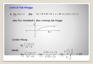 L
x
f
x



)
(
lim
17
Limit di Tak Hingga
a. jika 
 







 |
)
(
|
0
0 L
x
f
M
x
M
atau f(x) mendekati L jika x menuju tak hingga
L
x
Contoh Hitung
4
2
5
2
lim 2
2




 x
x
x
x
Jawab
)
2
(
)
1
(
lim
2
2
4
2
5
2
2
x
x
x
x x
x






4
2
5
2
lim 2
2




 x
x
x
x
2
2
4
2
5
2
1
lim
x
x
x
x






= 1/2
 
