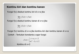 25
Kontinu kiri dan kontinu kanan
Fungsi f(x) disebut kontinu kiri di x=a jika
)
(
)
(
lim a
f
x
f
a
x



Fungsi f(x) disebut kontinu kanan di x=a jika
)
(
)
(
lim a
f
x
f
a
x



Fungsi f(x) kontinu di x=a jika kontinu kiri dan kontinu kanan di x=a
Contoh : Tentukan konstanta a agar fungsi








2
,
1
2
,
)
( 2
x
ax
x
a
x
x
f
Kontinu di x=2
 