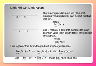 )
(
lim x
f
c
x 

L
x
f
L
x
f
L
x
f
c
x
c
x
c
x



 




)
(
lim
dan
)
(
lim
)
(
lim
6
Limit Kiri dan Limit Kanan
c
x
Jika x menuju c dari arah kiri (dari arah
bilangan yang lebih kecil dari c, limit disebut
limit kiri,
)
(
lim x
f
c
x 

Jika x menuju c dari arah kanan (dari arah
bilangan yang lebih besar dari c, limit disebut
limit kanan,
c x
Hubungan antara limit dengan limit sepihak(kiri/kanan)
notasi
notasi
Jika )
(
lim x
f
c
x 


)
(
lim x
f
c
x 

maka tidak ada
)
(
lim x
f
c
x
 