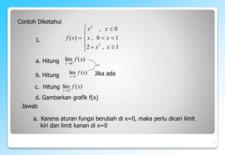 )
(
lim
1
x
f
x
)
(
lim
2
x
f
x
7











1
,
2
1
0
,
0
,
)
(
2
2
x
x
x
x
x
x
x
f
)
(
lim
0
x
f
x
Contoh Diketahui
a. Hitung
d. Gambarkan grafik f(x)
Jawab
a. Karena aturan fungsi berubah di x=0, maka perlu dicari limit
kiri dan limit kanan di x=0
c. Hitung
b. Hitung Jika ada
1.
 