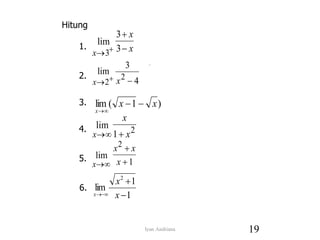 lim
x
x
x
 


3
3
3
lim
x x
  
2
2
3
4
)
1
(
lim x
x
x




lim
x
x
x
 
1 2
1
1
lim
2



 x
x
x
lim
x
x x
x



2
1
.
Hitung
1.
2.
3.
4.
5.
6.
19
Iyan Andriana
 