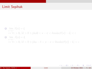 Limit Sepihak
1 lim
x→c+
f (x) = L
↔ ∀ε > 0, ∃δ > 0 jika0 < x − c < δmaka|f (x) − L| < ε
2 lim
x→c−
f (x) = L
↔ ∀ε > 0, ∃δ > 0 jika − δ < x − c < 0maka|f (x) − L| < ε
Dr. Ely Susanti, M.Pd (FKIP Universitas Sriwijaya) Limit 22 Oktober 2015 7 / 16
 