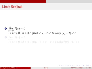 Limit Sepihak
1 lim
x→c+
f (x) = L
↔ ∀ε > 0, ∃δ > 0 jika0 < x − c < δmaka|f (x) − L| < ε
2 lim
x→c−
f (x) = L
↔ ∀ε > 0, ∃δ > 0 jika − δ < x − c < 0maka|f (x) − L| < ε
Dr. Ely Susanti, M.Pd (FKIP Universitas Sriwijaya) Limit 22 Oktober 2015 7 / 16
 