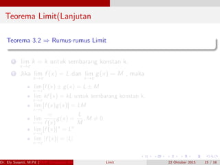 Teorema Limit(Lanjutan
Teorema 3.2 ⇒ Rumus-rumus Limit
1 lim
x→c
k = k untuk sembarang konstan k.
2 Jika lim
x→c
f (x) = L dan lim
x→c
g(x) = M , maka
lim
x→c
[f (x) ± g(x) = L ± M
lim
x→c
kf (x) = kL untuk sembarang konstan k.
lim
x→c
[f (x)g(x)] = LM
lim
x→c
=
f (x)
g(x) =
L
M
, M = 0
lim
x→c
[f (x)]n
= Ln
lim
x→c
|f (x)| = |L|
Dr. Ely Susanti, M.Pd (FKIP Universitas Sriwijaya) Limit 22 Oktober 2015 15 / 16
 