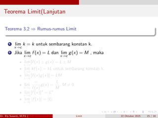 Teorema Limit(Lanjutan
Teorema 3.2 ⇒ Rumus-rumus Limit
1 lim
x→c
k = k untuk sembarang konstan k.
2 Jika lim
x→c
f (x) = L dan lim
x→c
g(x) = M , maka
lim
x→c
[f (x) ± g(x) = L ± M
lim
x→c
kf (x) = kL untuk sembarang konstan k.
lim
x→c
[f (x)g(x)] = LM
lim
x→c
=
f (x)
g(x) =
L
M
, M = 0
lim
x→c
[f (x)]n
= Ln
lim
x→c
|f (x)| = |L|
Dr. Ely Susanti, M.Pd (FKIP Universitas Sriwijaya) Limit 22 Oktober 2015 15 / 16
 