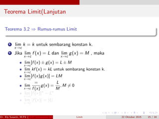 Teorema Limit(Lanjutan
Teorema 3.2 ⇒ Rumus-rumus Limit
1 lim
x→c
k = k untuk sembarang konstan k.
2 Jika lim
x→c
f (x) = L dan lim
x→c
g(x) = M , maka
lim
x→c
[f (x) ± g(x) = L ± M
lim
x→c
kf (x) = kL untuk sembarang konstan k.
lim
x→c
[f (x)g(x)] = LM
lim
x→c
=
f (x)
g(x) =
L
M
, M = 0
lim
x→c
[f (x)]n
= Ln
lim
x→c
|f (x)| = |L|
Dr. Ely Susanti, M.Pd (FKIP Universitas Sriwijaya) Limit 22 Oktober 2015 15 / 16
 