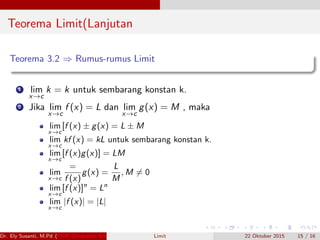 Teorema Limit(Lanjutan
Teorema 3.2 ⇒ Rumus-rumus Limit
1 lim
x→c
k = k untuk sembarang konstan k.
2 Jika lim
x→c
f (x) = L dan lim
x→c
g(x) = M , maka
lim
x→c
[f (x) ± g(x) = L ± M
lim
x→c
kf (x) = kL untuk sembarang konstan k.
lim
x→c
[f (x)g(x)] = LM
lim
x→c
=
f (x)
g(x) =
L
M
, M = 0
lim
x→c
[f (x)]n
= Ln
lim
x→c
|f (x)| = |L|
Dr. Ely Susanti, M.Pd (FKIP Universitas Sriwijaya) Limit 22 Oktober 2015 15 / 16
 
