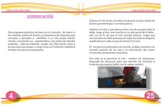 LIMITACIÓN MOTORA 
JUSTIFICACIÓN 
Esta propuesta educativa se hace con la intención de instruir a 
los maestros, padres de familia, y compañeros de clase para que 
conozcan y aprendan a identificar si un niño posee retardo 
mental, conociendo sus características y las clases de retardos 
existentes, ademas pretende ayudar con información veraz a 
las personas que tengan a cargo niños con limitación intelectual 
en base a los ejercicios propuestos. 
4 LIMITACIÓN MOTORA 
Colocar al niño frente a la tabla y la docente se ubica detrás de 
el para que este tenga un correcta postura. 
Llevamos al niño a que eleve primero uno de sus pies sobre la 
tabla, luego el otro; que marche en un solo punto de la tabla , 
esto con el fin de que el niño perciba texturas. Luego que 
camine sobre la tabla pasando por todas las texturas despacio 
quedándose en cada una por lo menos 3 minutos. 
En los ejercicios enfocados a la marcha, se debe mantener una 
correcta posición de los pies y la estimulación del mayor 
número de componentes musculares. 
Con esto se le permitirá al niño analizar las situaciones, 
búsqueda de soluciones para que ejerciten los músculos a 
través de movimientos (saltar, correr, patear, escalar). 
25 
 