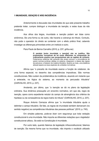 10
1 IMUNIDADE, ISENÇÃO E NÃO INCIDÊNCIA
Anteriormente à discussão das imunidades de que este presente trabalho
pretende tratar, cumpre distinguir a imunidade da isenção, e estas duas da não
incidência.
Aos olhos dos leigos, imunidade e isenção podem ser tidas como
sinônimos. De uma forma ou de outra, não haveria a cobrança do tributo. Contudo,
não pode o operador do direito se contentar com o efeito prático final, cabendo
investigar as diferenças primordiais entre um instituto e outro.
Para Paulo de Barros Carvalho (2010, p. 237, grifou-se):
O paralelo [entre imunidade e isenção] não se justifica. São
proposições normativas de tal modo diferentes na composição do
ordenamento positivo que pouquíssimas são as regiões de contacto.
Poderíamos sublinhar tão somente três sinais comuns: a circunstância de
serem normas jurídicas válidas no sistema; integrarem a classe das regras
de estrutura; e tratarem de matéria tributária. Quanto ao mais, uma distância
abissal separa as duas espécies de unidades normativas.
Afirma que “o preceito de imunidade exerce a função de colaborar, de
uma forma especial, no desenho das competências impositivas. São normas
constitucionais. Não cuidam da problemática da incidência, atuando em instante que
a antecede, na lógica do sistema, ao momento da percussão tributária”
(CARVALHO, 2010, p. 237).
Anotando, por último, que “a isenção se dá no plano da legislação
ordinária. Sua dinâmica pressupõe um encontro normativo, em que ela, regra de
isenção, opera como expediente redutor do campo de abrangência dos critérios da
hipótese ou da conseqüência da regra-matriz do tributo” (CARVALHO, 2010, p. 237).
Roque Antonio Carrazza afirma que “a imunidade tributária ajuda a
delimitar o campo tributário. De fato, as regras de imunidade também demarcam (no
sentido negativo) as competências tributárias das pessoas políticas” (2010, p. 745).
Em simples palavras, pode-se dizer com segurança que toda vedação
constitucional é uma imunidade. Não importa as diferentes redações que o legislador
constitucional utilizou. Se está na Constituição é imunidade.
Por outro lado, quando falamos de legislação infraconstitucional, falamos
de isenção. Da mesma forma que na imunidade, não importa o vocábulo utilizado
 