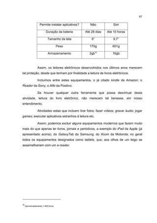 67
Permite instalar aplicativos? Não Sim
Duração da bateria Até 28 dias Até 10 horas
Tamanho da tela 6” 9,7”
Peso 170g 601g
Armazenamento 2gb76
16gb
Assim, os leitores eletrônicos desenvolvidos nos últimos anos merecem
tal proteção, desde que tenham por finalidade a leitura de livros eletrônicos.
Incluímos entre estes equipamentos, o já citado kindle da Amazon; o
Reader da Sony; o Alfα da Positivo.
Se houver qualquer outra ferramenta que possa desvirtuar desta
atividade, leitura do livro eletrônico, não merecem tal benesse, em nosso
entendimento.
Atividades estas que incluem tirar fotos; fazer vídeos; gravar áudio; jogar
games; executar aplicativos estranhos à leitura etc.
Assim, podemos excluir alguns equipamentos modernos que fazem muito
mais do que apenas ler livros, jornais e periódicos, a exemplo do iPad da Apple (já
apresentado acima); do GalaxyTab da Samsung; do Xoom da Motorola; no geral
todos os equipamentos designados como tablets, que, aos olhos de um leigo se
assemelhariam com um e-reader.
76
Aproximadamente 1.400 livros.
 