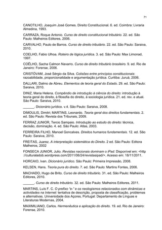 71
CANOTILHO, Joaquim José Gomes. Direito Constitucional. 6. ed. Coimbra: Livraria
Almedina, 1993.
CARRAZA, Roque Antonio. Curso de direito constitucional tributário. 22. ed. São
Paulo: Malheiros Editores, 2006.
CARVALHO, Paulo de Barros. Curso de direito tributário. 22. ed. São Paulo: Saraiva,
2010.
COELHO, Fabio Ulhoa. Roteiro de lógica jurídica. 3. ed. São Paulo: Max Limonad,
1997.
COÊLHO, Sacha Calmon Navarro. Curso de direito tributário brasileiro. 9. ed. Rio de
Janeiro: Forense, 2006.
CRISTÓVAM, José Sérgio da Silva. Colisões entre princípios constitucionais:
razoabilidade, proporcionalidade e argumentação jurídica. Curitiba: Juruá, 2006.
DALLARI, Dalmo de Abreu. Elementos de teoria geral do Estado. 29. ed. São Paulo:
Saraiva, 2010.
DINIZ, Maria Helena. Compêndio de introdução à ciência do direito: introdução à
teoria geral do direito, à filosofia do direito, à sociologia jurídica. 21. ed. rev. e atual.
São Paulo: Saraiva, 2010.
______. Dicionário jurídico. v.4. São Paulo: Saraiva, 2008.
DIMOULIS, Dimitri; MARTINS, Leonardo. Teoria geral dos direitos fundamentais. 2.
ed. São Paulo: Revista dos Tribunais, 2009.
FERRAZ JUNIOR, Tercio Sampaio. Introdução ao estudo do direito: técnica,
decisão, dominação. 4. ed. São Paulo: Atlas, 2003.
FERREIRA FILHO, Manoel Goncalves. Direitos humanos fundamentais. 12. ed. São
Paulo: Saraiva, 2010.
FREITAS, Juarez. A interpretação sistemática do Direito. 2 ed. São Paulo: Editora
Malheiros, 2002
FONSECA JUNIOR, Julio. Revistas nacionais dominam o iPad. Disponível em: <http
://culturaladob.wordpress.com/2011/06/24/revistasipad/>. Acesso em: 18/11/2011.
HORCAIO, Ivan. Dicionário jurídico. São Paulo: Primeira Impressão, 2008.
KELSEN, Hans. Teoria pura do direito. 7. ed. São Paulo: Martins Fontes, 2006.
MACHADO, Hugo de Brito. Curso de direito tributário. 31. ed. São Paulo: Malheiros
Editores, 2010.
______. Curso de direito tributário. 32. ed. São Paulo: Malheiros Editores, 2011.
MARTINS, Luís F. C. O prefixo “e-” e os neologismos relacionados com dinâmicas e
actividades na Internet: tentativa de descrição, proposta de classificação, problemas
e alternativas. Universidade dos Açores, Portugal: Departamento de Línguas e
Literaturas Modernas, 2004.
MAXIMILIANO, Carlos. Hermenêutica e aplicação do direito. 19. ed. Rio de Janeiro:
Forense, 2010.
 