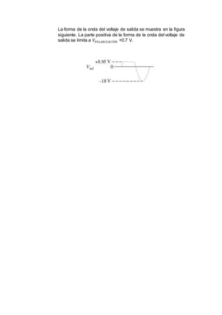 La forma de la onda del voltaje de salida se muestra en la figura
siguiente. La parte positiva de la forma de la onda del voltaje de
salida se limita a 𝑉𝑃𝑂𝐿𝐴𝑅𝐼𝑍𝐴𝐶𝐼Ó𝑁 +0.7 V.
 