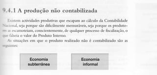 9.4. 1 A produção não contabilizad,a
lústem actividades produtivas que escâpâmao cículo da Contabilidade
a--:onaÌ, sejaporque são dificilmente mensuráveis, porque os produtoseja
r.* rs escamoteiam,
conscientemente, qualquer processode frscúzação,o
de
,ure r.rlseiao valor do Produto Interno.
- situaçõesem que o produto realizado não é contabilizado são as
ËE:Arìtes:

 