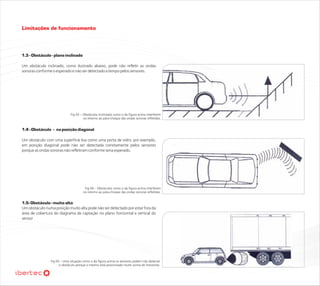 Limitações de funcionamento



1.3 - Obstáculo - plano inclinado

Um obstáculo inclinado, como ilustrado abaixo, pode não refletir as ondas
sonoras conforme o esperado e não ser detectado a tempo pelos sensores.




                             Fig 03 – Obstáculos inclinados como o da figura acima interferem
                                      no retorno ao pára-choque das ondas sonoras refletidas.


1.4 - Obstáculo - na posição diagonal

Um obstáculo com uma superfície lisa como uma porta de vidro, por exemplo,
em posição diagonal pode não ser detectada corretamente pelos sensores
porque as ondas sonoras não refletiram conforme seria esperado.




                                       Fig 04 – Obstáculos como o da figura acima interferem
                                      no retorno ao pára-choque das ondas sonoras refletidas.


1.5- Obstáculo - muito alto
Um obstáculo numa posição muito alta pode não ser detectado por estar fora da
área de cobertura do diagrama de captação no plano horizontal e vertical do
sensor




                Fig 05 – Uma situação como o da figura acima os sensores podem não detectar
                      o obstáculo porque o mesmo está posicionado muito acima do horizonte.
 