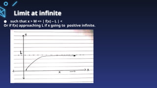 Limit at infinite
● such that x > M => | f(x) – L | <
Or if f(x) approaching L if x going to positive infinite.
 