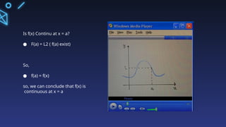 Is f(x) Continu at x = a?
● F(a) = L2 ( f(a) exist)
So,
● f(a) = f(x)
so, we can conclude that f(x) is
continuous at x = a
 
