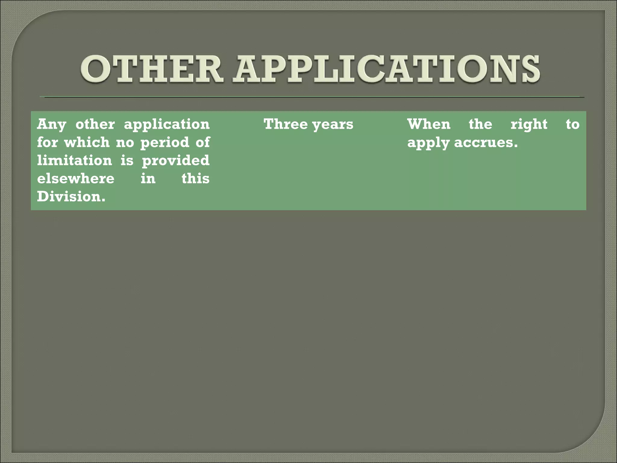 Any other application
for which no period of
limitation is provided
elsewhere in this
Division.
Three years When the right to
apply accrues.
 