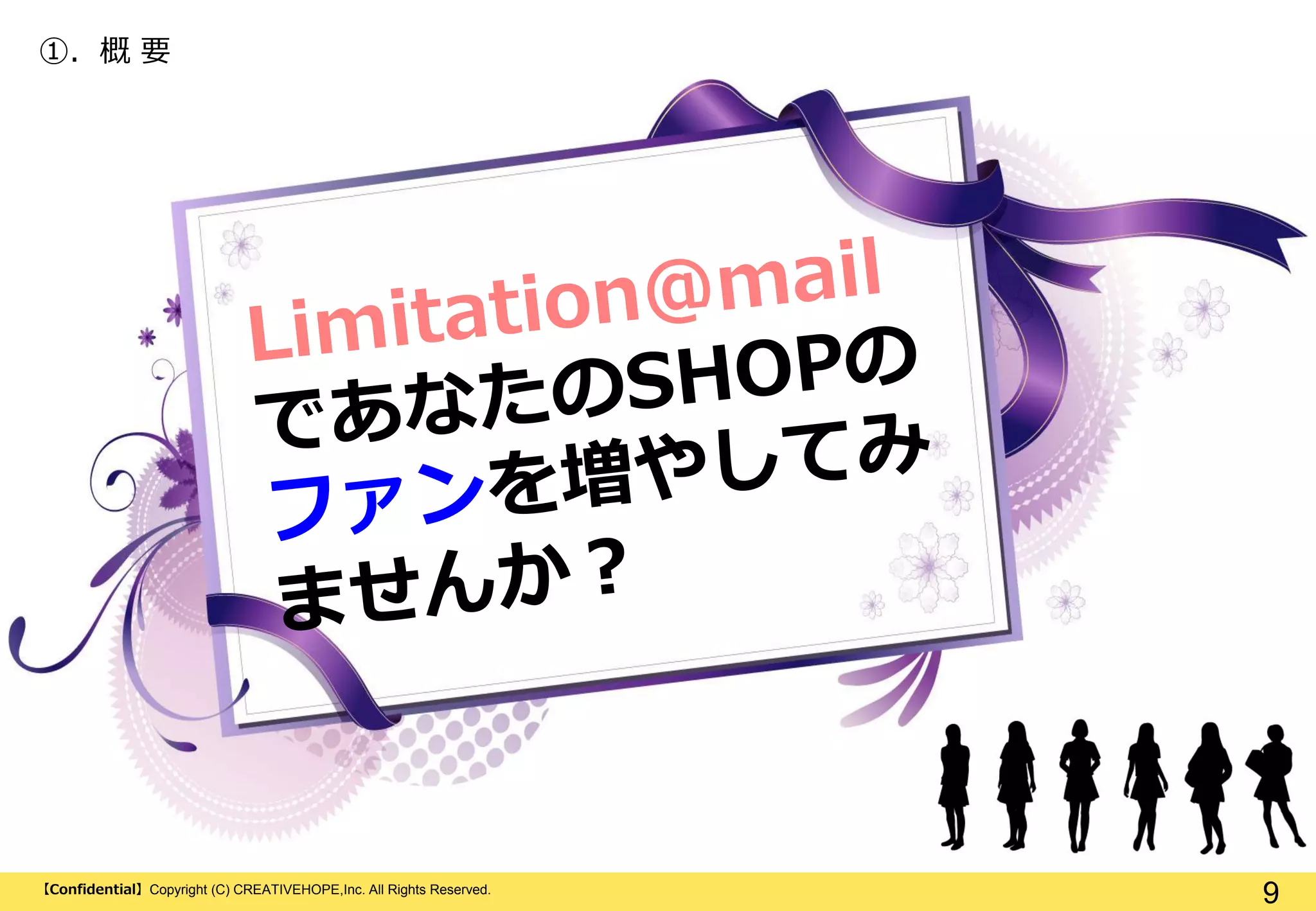 ①. 概 要

【Confidential】Copyright (C) CREATIVEHOPE,Inc. All Rights Reserved.

9

 