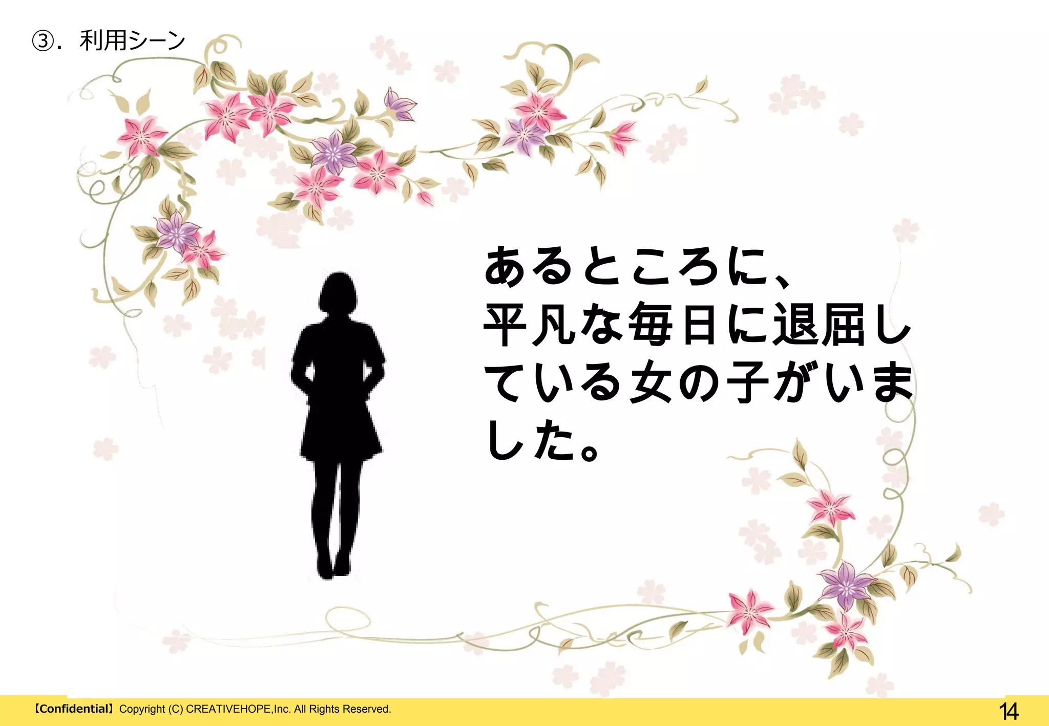 ③. 利用シーン

あるところに、
平凡な毎日に退屈し
ている女の子がいま
した。

【Confidential】Copyright (C) CREATIVEHOPE,Inc. All Rights Reserved.

14

 