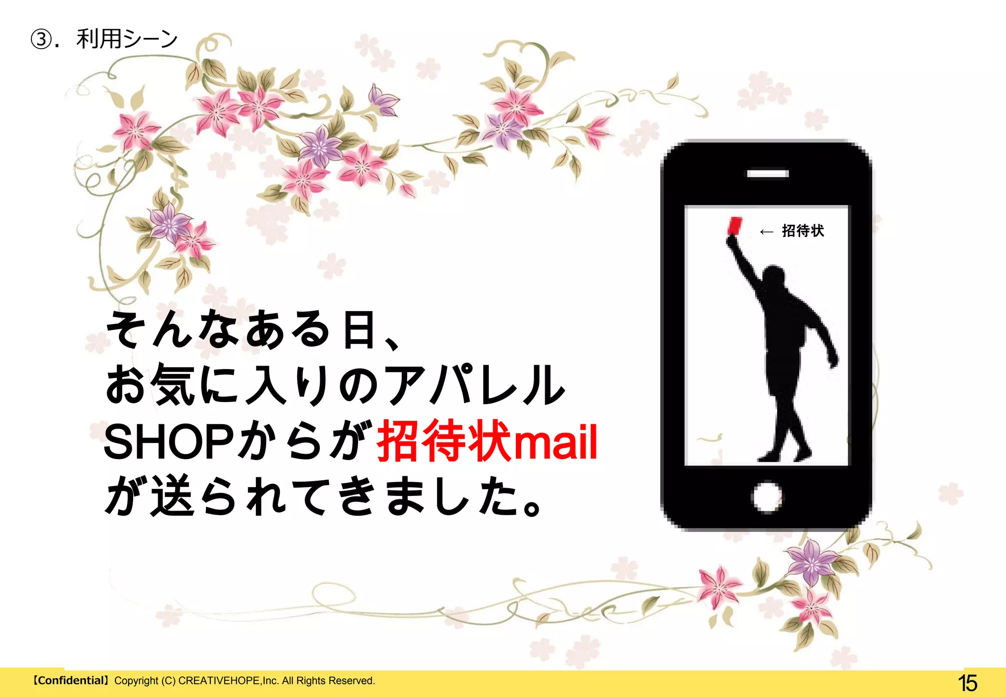 ③. 利用シーン

← 招待状

そんなある日、
お気に入りのアパレル
SHOPからが招待状mail
が送られてきました。

【Confidential】Copyright (C) CREATIVEHOPE,Inc. All Rights Reserved.

15

 