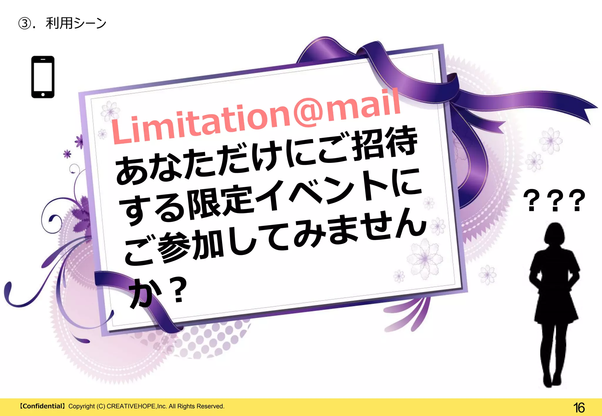 ③. 利用シーン

？？？

【Confidential】Copyright (C) CREATIVEHOPE,Inc. All Rights Reserved.

16

 