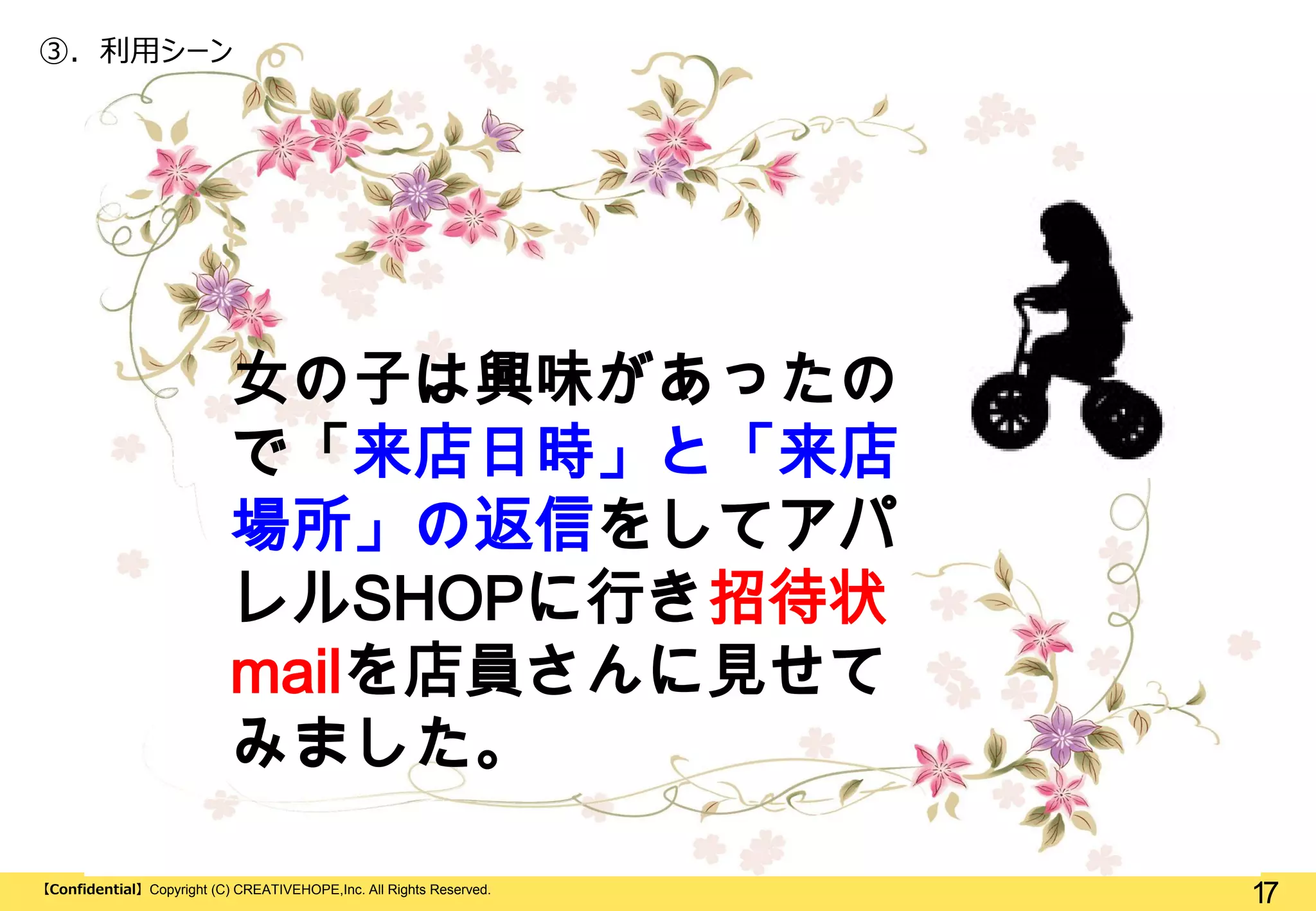③. 利用シーン

女の子は興味があったの
で「来店日時」と「来店
場所」の返信をしてアパ
レルSHOPに行き招待状
mailを店員さんに見せて
みました。
【Confidential】Copyright (C) CREATIVEHOPE,Inc. All Rights Reserved.

17

 