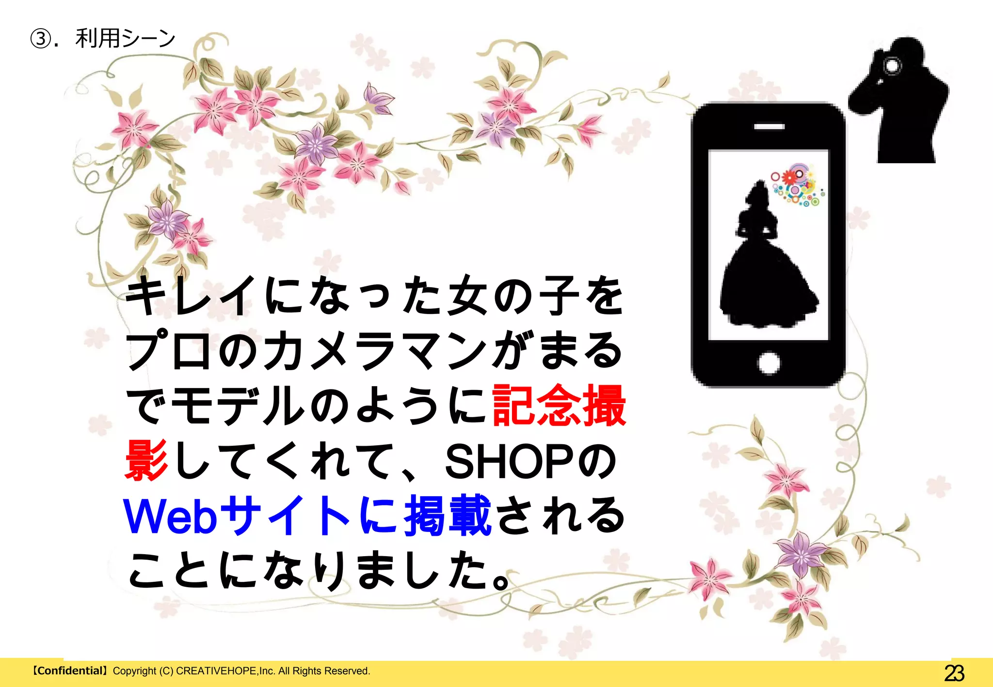 ③. 利用シーン

キレイになった女の子を
プロのカメラマンがまる
でモデルのように記念撮
影してくれて、SHOPの
Webサイトに掲載される
ことになりました。
【Confidential】Copyright (C) CREATIVEHOPE,Inc. All Rights Reserved.

23

 