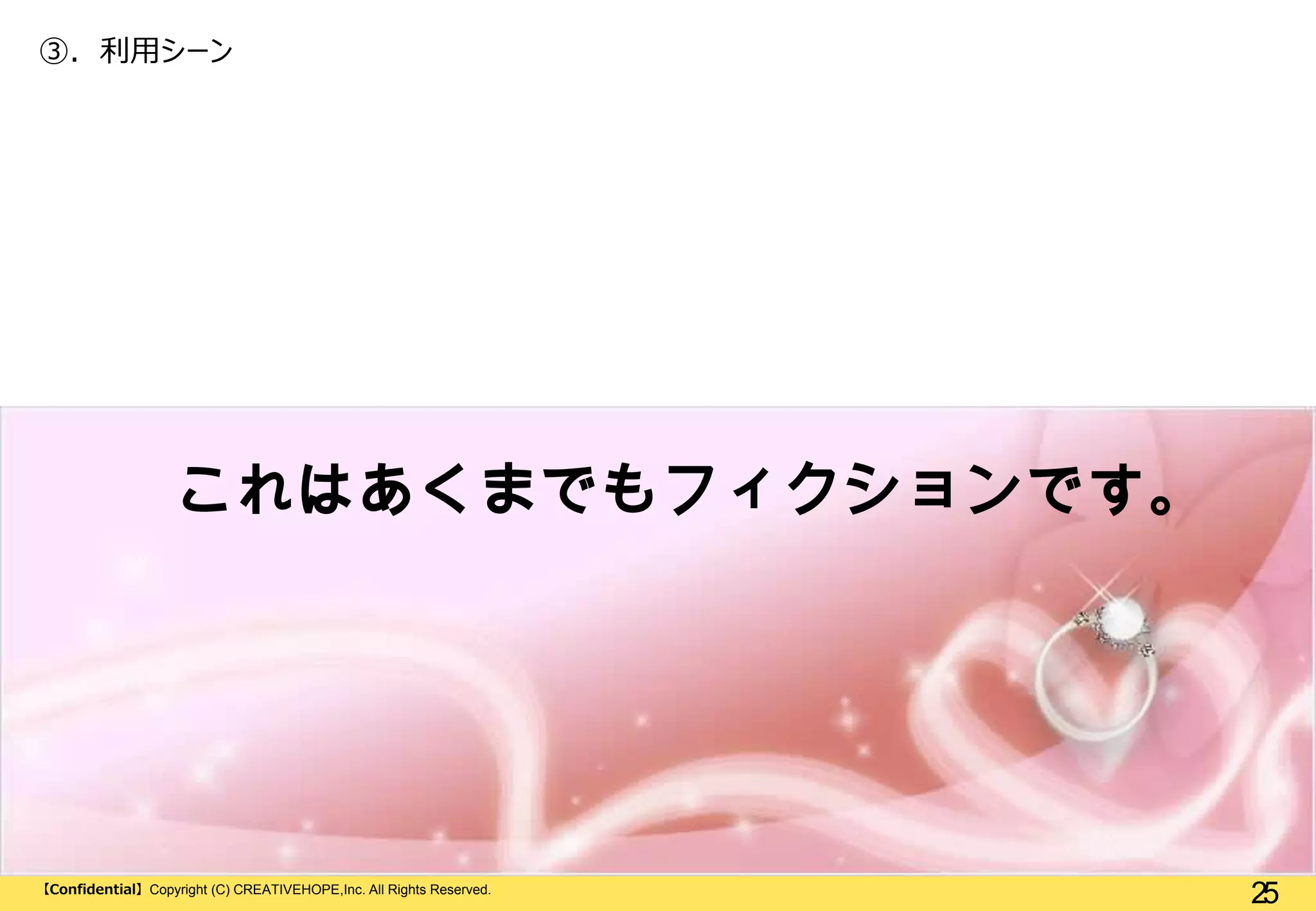 ③. 利用シーン

これはあくまでもフィクションです。

【Confidential】Copyright (C) CREATIVEHOPE,Inc. All Rights Reserved.

25

 