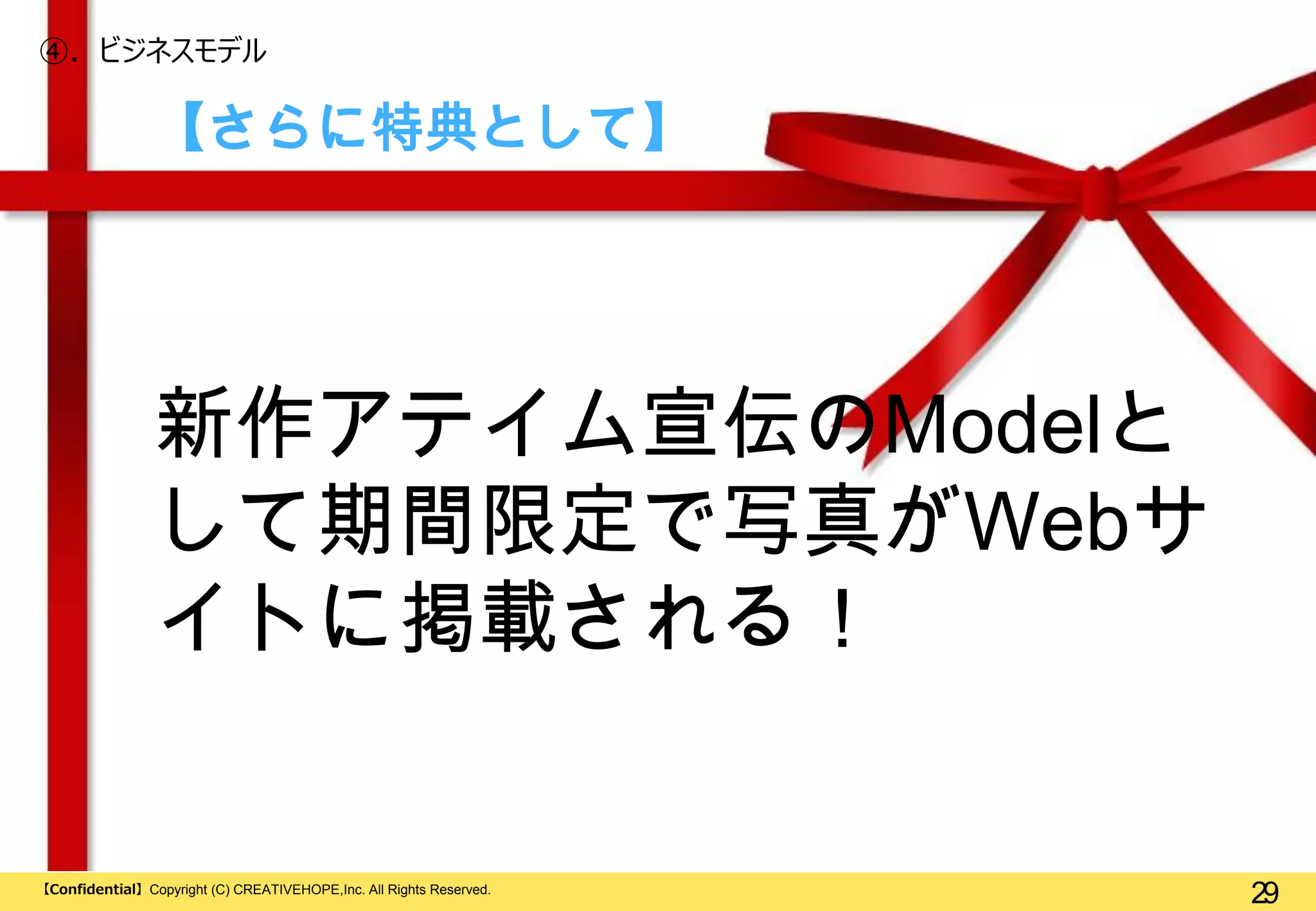 ④. ビジネスモデル

【さらに特典として】

新作アテイム宣伝のModelと
して期間限定で写真がWebサ
イトに掲載される！

【Confidential】Copyright (C) CREATIVEHOPE,Inc. All Rights Reserved.

29

 