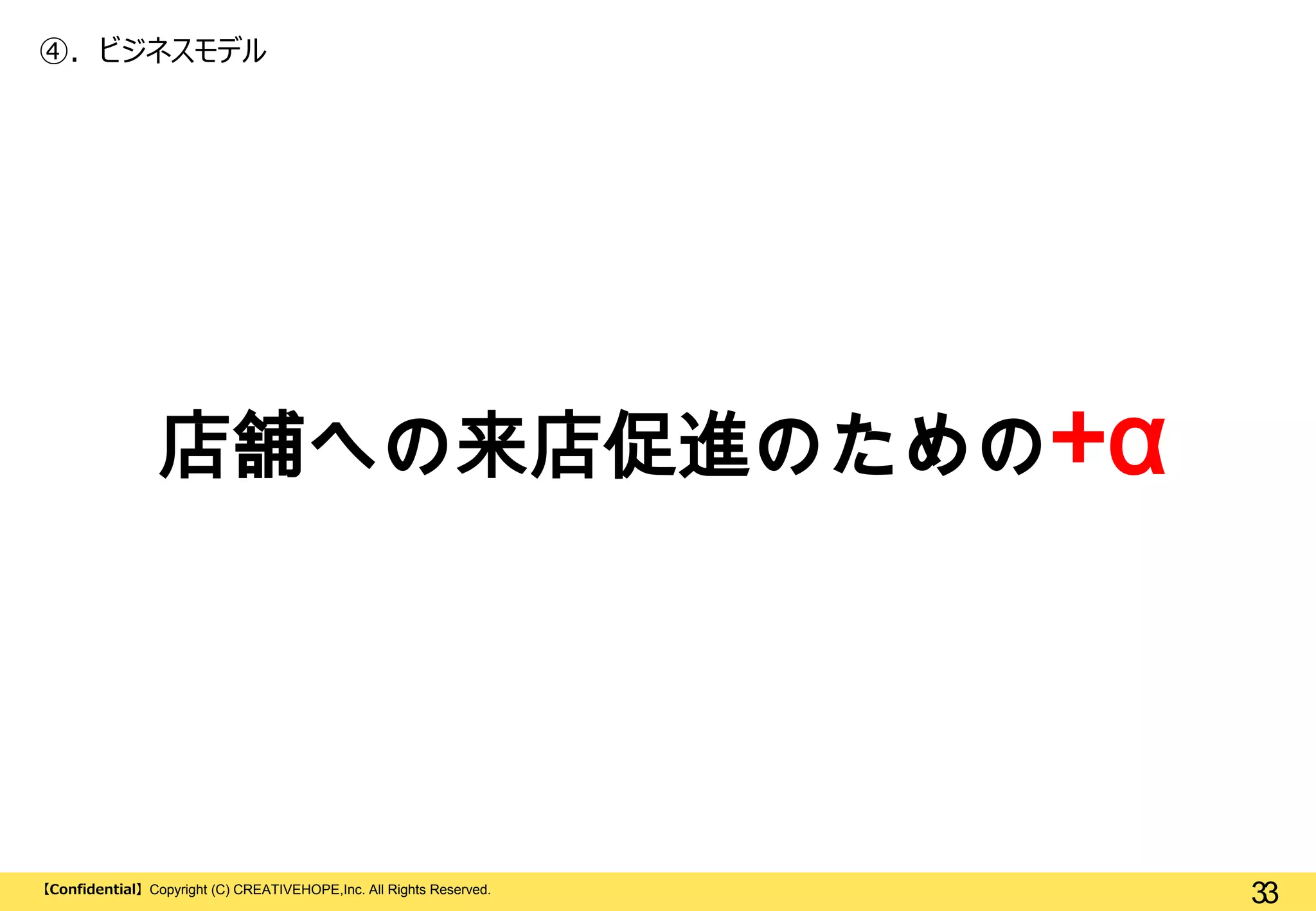 ④. ビジネスモデル

店舗への来店促進のための+α

【Confidential】Copyright (C) CREATIVEHOPE,Inc. All Rights Reserved.

33

 