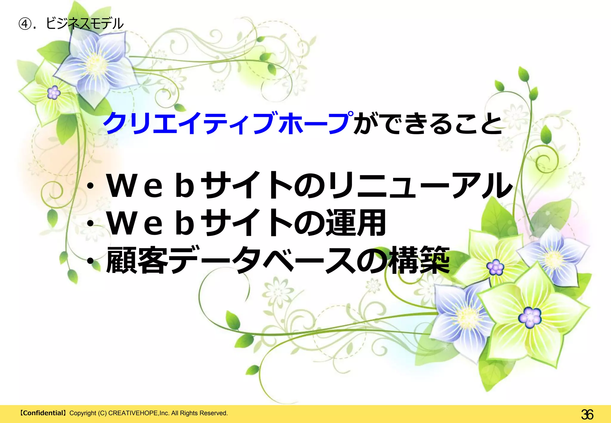 ④. ビジネスモデル
②. コンセプト

クリエイティブホープができること

・Ｗｅｂサイトのリニューアル
・Ｗｅｂサイトの運用
・顧客データベースの構築

【Confidential】Copyright (C) CREATIVEHOPE,Inc. All Rights Reserved.

36

 