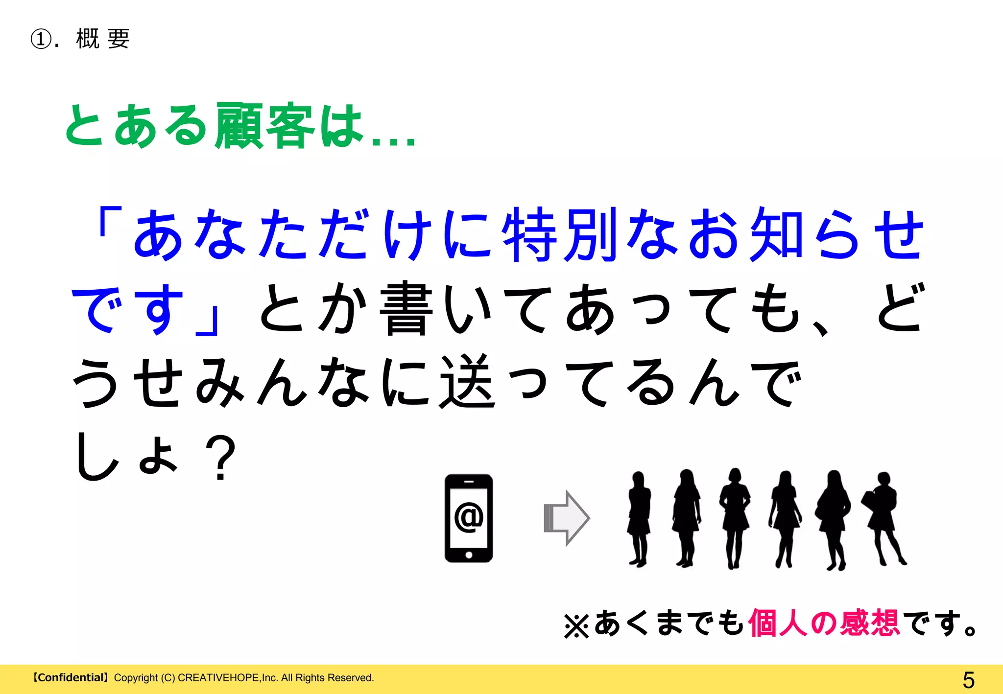 ①. 概 要

とある顧客は…

「あなただけに特別なお知らせ
です」とか書いてあっても、ど
うせみんなに送ってるんで
しょ？
@
※あくまでも個人の感想です。
【Confidential】Copyright (C) CREATIVEHOPE,Inc. All Rights Reserved.

5

 