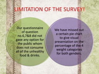 LIMITATION OF THE SURVEY!
Our questionnaire
of question
no.6,7&8 did not
gave any option for
the public whom
does not consume
all of the unhealthy
food & drinks.
We have missed out
a certain pie chart
to give visual
presentation on the
percentage of the 4
weight categories
for both genders.
 