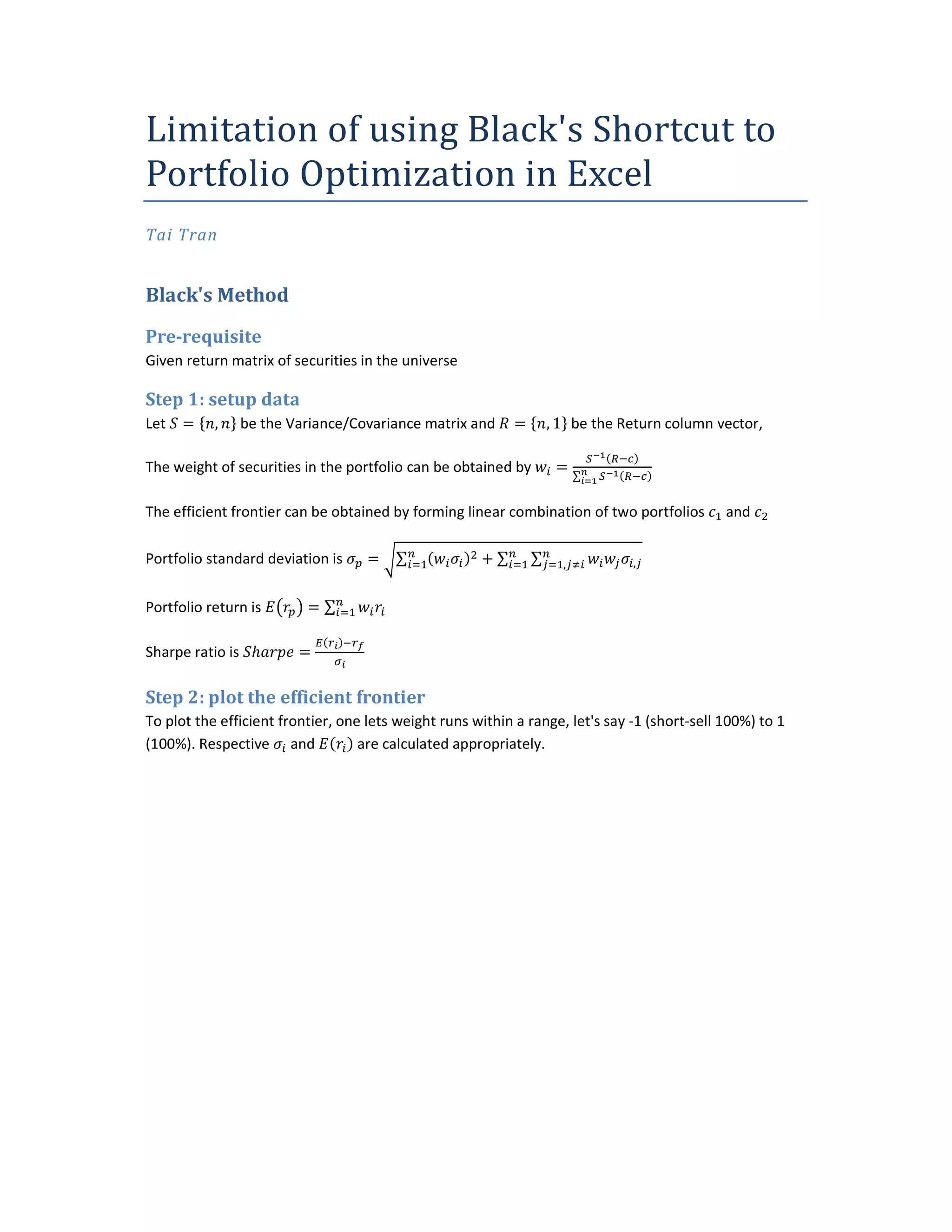 Limitation of using black s shortcut to portfolio optimization in excel