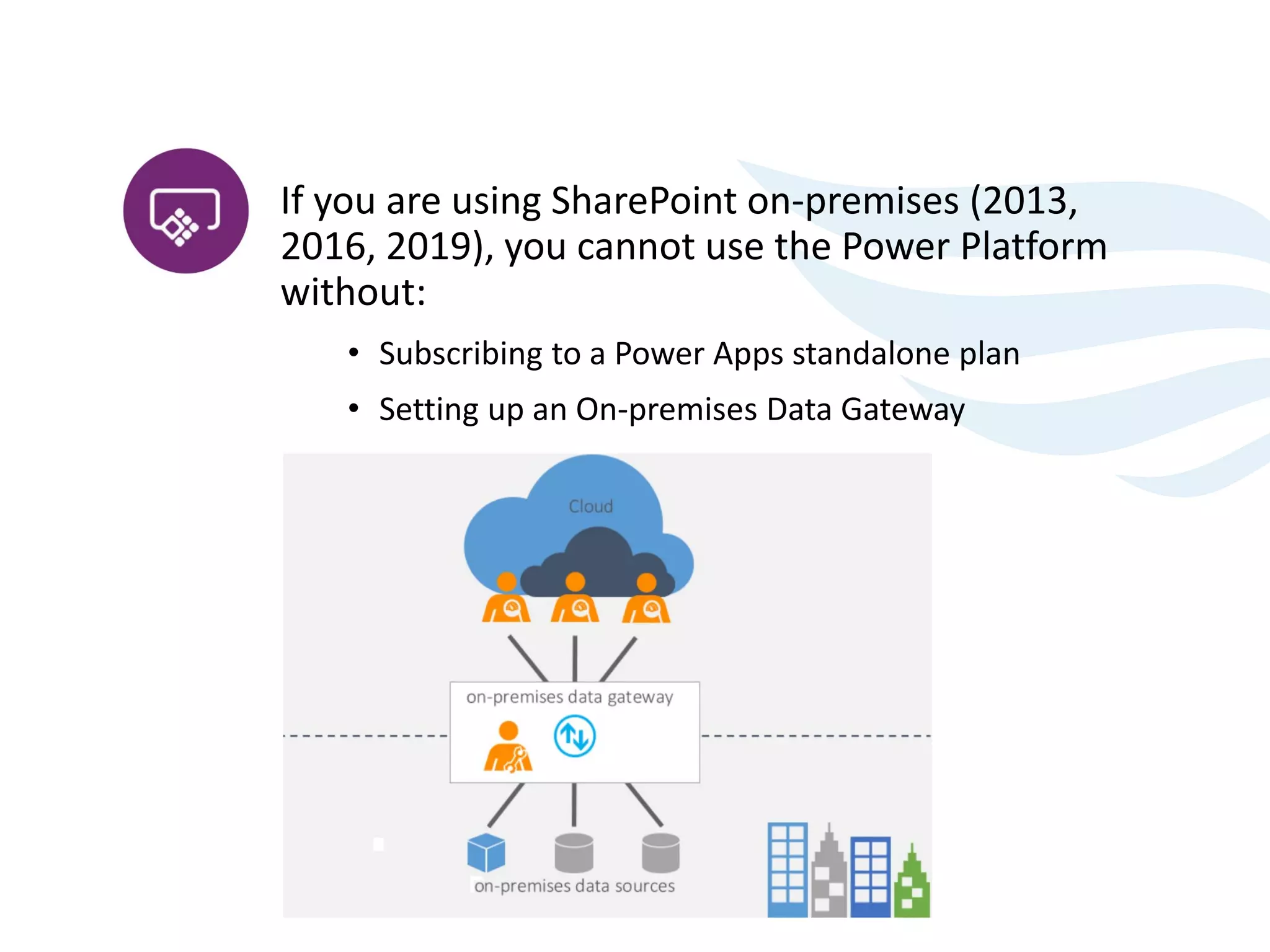 If you are using SharePoint on-premises (2013,
2016, 2019), you cannot use the Power Platform
without:
• Subscribing to a Power Apps standalone plan
• Setting up an On-premises Data Gateway
 
