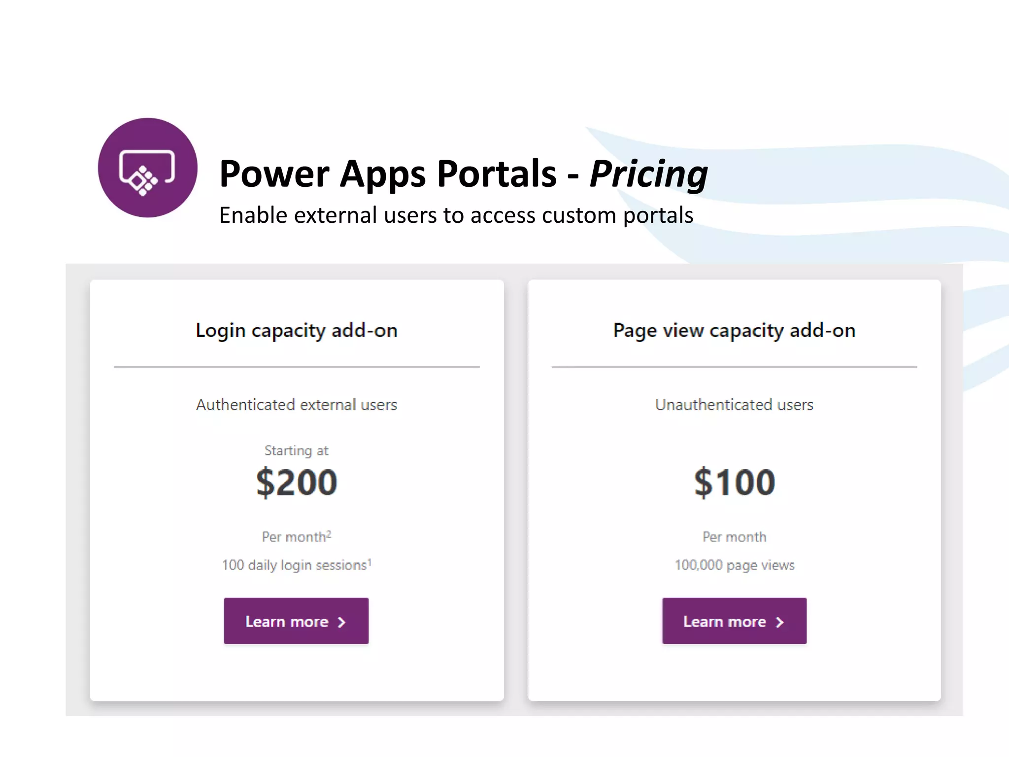 Power Apps Portals - Pricing
Enable external users to access custom portals
 
