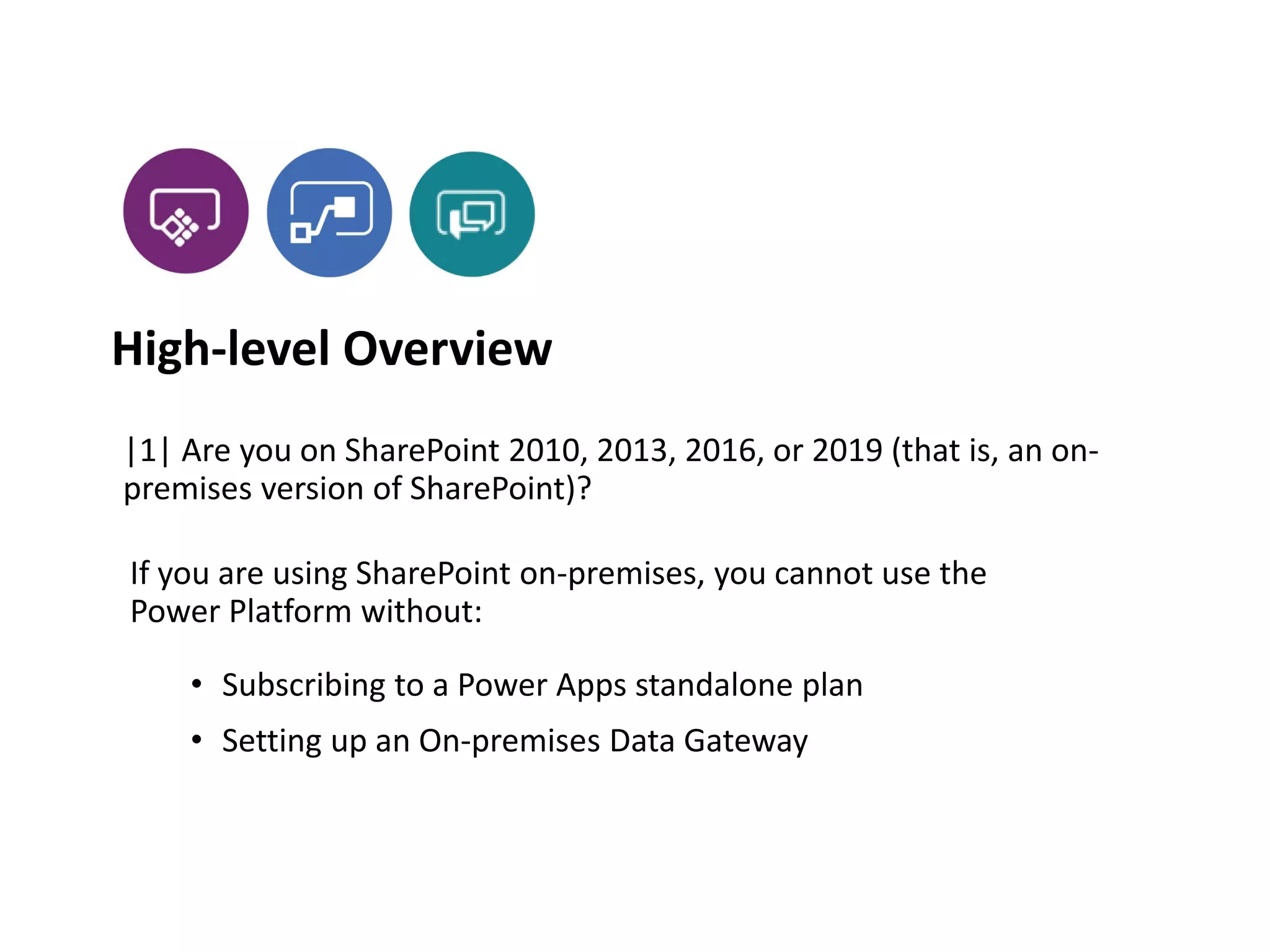 |1| Are you on SharePoint 2010, 2013, 2016, or 2019 (that is, an on-
premises version of SharePoint)?
If you are using SharePoint on-premises, you cannot use the
Power Platform without:
• Subscribing to a Power Apps standalone plan
• Setting up an On-premises Data Gateway
High-level Overview
 