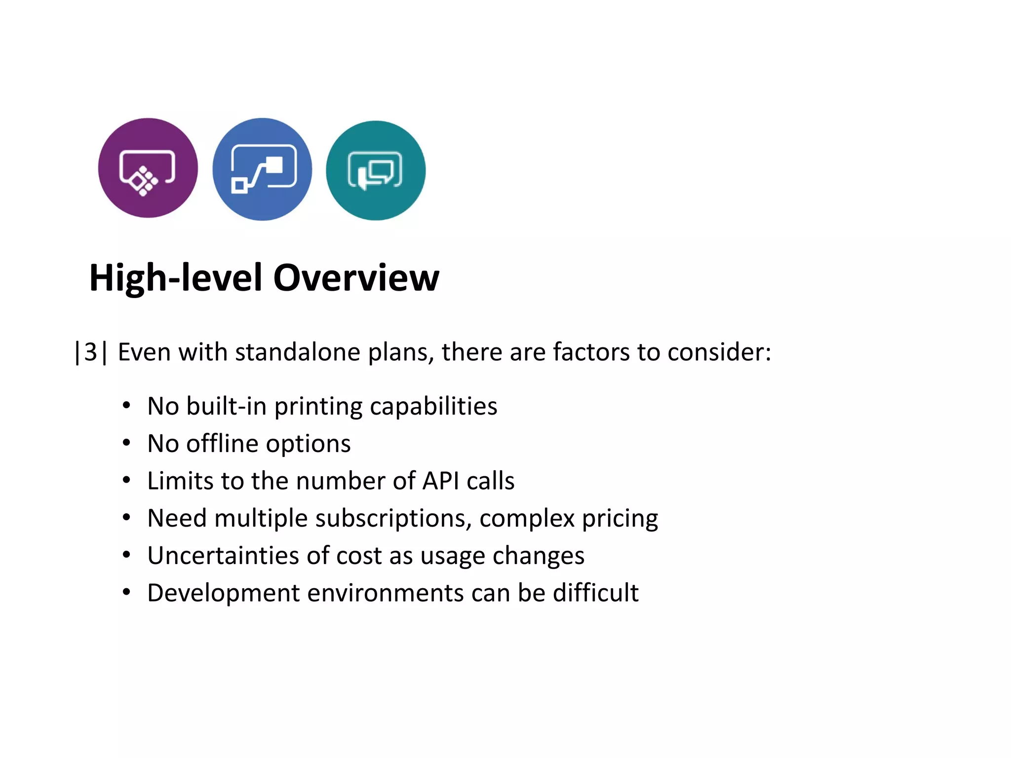 |3| Even with standalone plans, there are factors to consider:
• No built-in printing capabilities
• No offline options
• Limits to the number of API calls
• Need multiple subscriptions, complex pricing
• Uncertainties of cost as usage changes
• Development environments can be difficult
High-level Overview
 