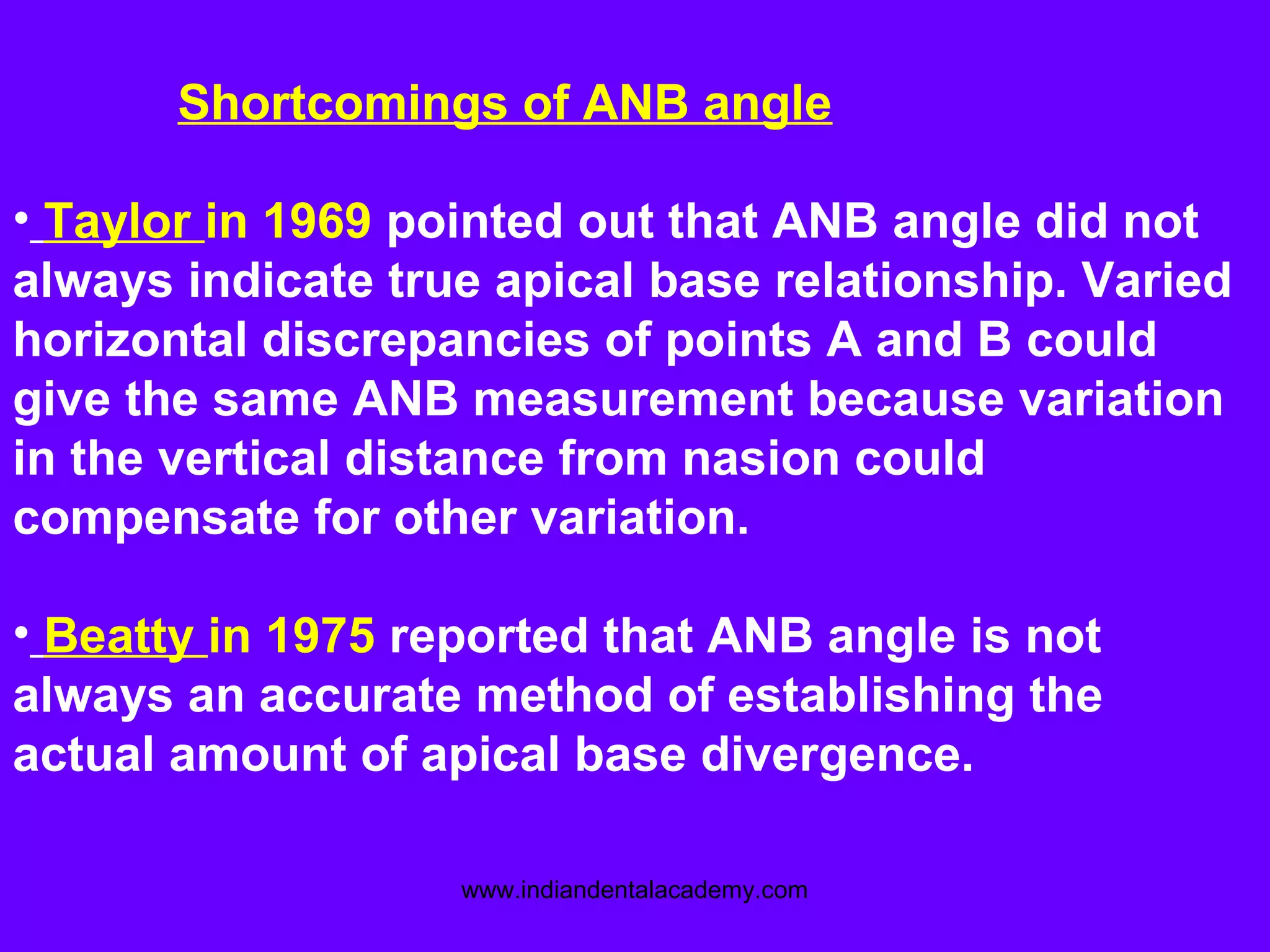 Shortcomings of ANB angle
• Taylor in 1969 pointed out that ANB angle did not
always indicate true apical base relationship. Varied
horizontal discrepancies of points A and B could
give the same ANB measurement because variation
in the vertical distance from nasion could
compensate for other variation.
• Beatty in 1975 reported that ANB angle is not
always an accurate method of establishing the
actual amount of apical base divergence.
www.indiandentalacademy.com
 