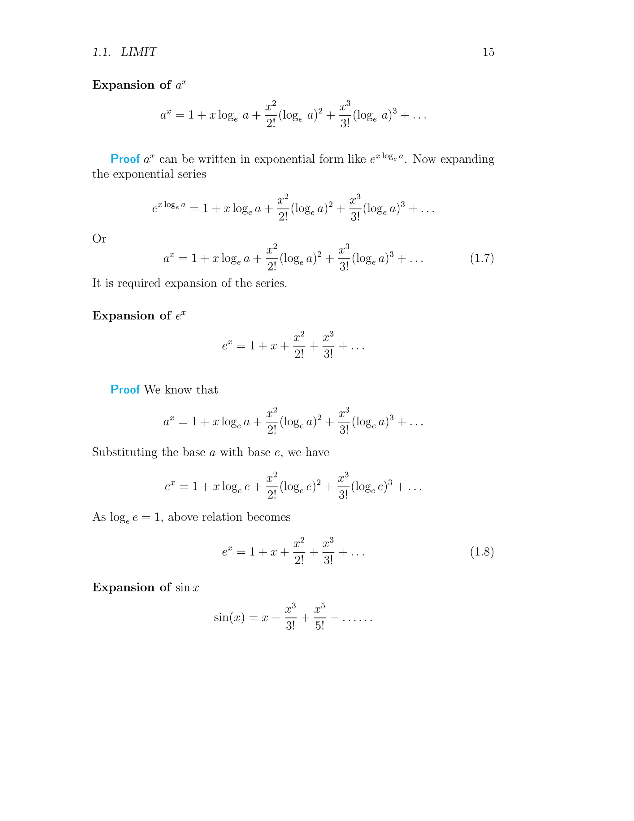 1.1. LIMIT 15
Expansion of ax
ax
= 1 + x loge a +
x2
2!
(loge a)2
+
x3
3!
(loge a)3
+ . . .
Proof ax
can be written in exponential form like ex loge a
. Now expanding
the exponential series
ex loge a
= 1 + x loge a +
x2
2!
(loge a)2
+
x3
3!
(loge a)3
+ . . .
Or
ax
= 1 + x loge a +
x2
2!
(loge a)2
+
x3
3!
(loge a)3
+ . . . (1.7)
It is required expansion of the series.
Expansion of ex
ex
= 1 + x +
x2
2!
+
x3
3!
+ . . .
Proof We know that
ax
= 1 + x loge a +
x2
2!
(loge a)2
+
x3
3!
(loge a)3
+ . . .
Substituting the base a with base e, we have
ex
= 1 + x loge e +
x2
2!
(loge e)2
+
x3
3!
(loge e)3
+ . . .
As loge e = 1, above relation becomes
ex
= 1 + x +
x2
2!
+
x3
3!
+ . . . (1.8)
Expansion of sin x
sin(x) = x −
x3
3!
+
x5
5!
− . . . . . .
 