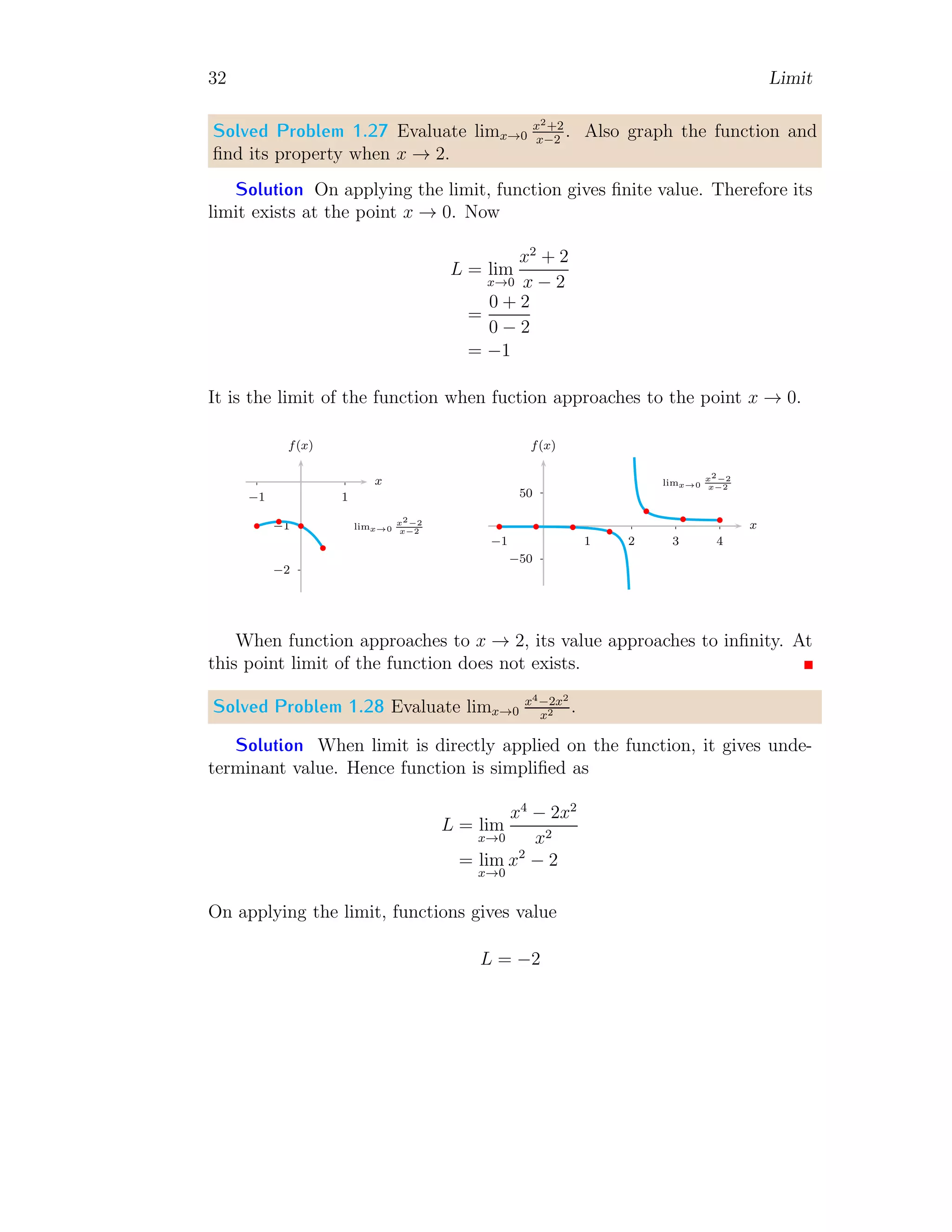 32 Limit
Solved Problem 1.27 Evaluate limx→0
x2+2
x−2
. Also graph the function and
find its property when x → 2.
Solution On applying the limit, function gives finite value. Therefore its
limit exists at the point x → 0. Now
L = lim
x→0
x2
+ 2
x − 2
=
0 + 2
0 − 2
= −1
It is the limit of the function when fuction approaches to the point x → 0.
−1
−2
1
−1
x
f(x)
b
b
b
b
limx→0
x2−2
x−2
50
−50
1 2 3 4
−1
x
f(x)
b b b
b
b
b b
limx→0
x2−2
x−2
When function approaches to x → 2, its value approaches to infinity. At
this point limit of the function does not exists.
Solved Problem 1.28 Evaluate limx→0
x4−2x2
x2 .
Solution When limit is directly applied on the function, it gives unde-
terminant value. Hence function is simplified as
L = lim
x→0
x4
− 2x2
x2
= lim
x→0
x2
− 2
On applying the limit, functions gives value
L = −2
 