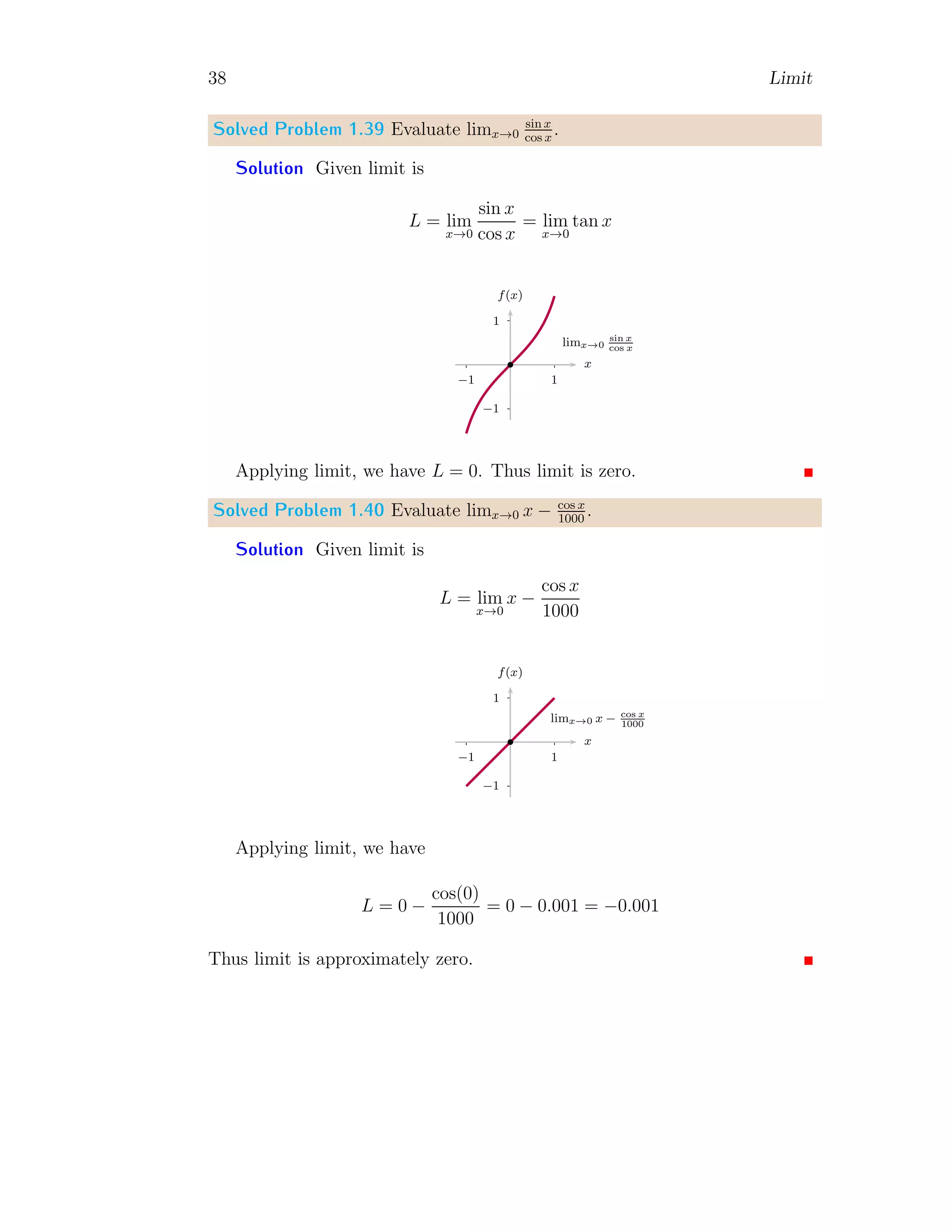 38 Limit
Solved Problem 1.39 Evaluate limx→0
sin x
cos x
.
Solution Given limit is
L = lim
x→0
sin x
cos x
= lim
x→0
tan x
1
−1
1
−1
x
f(x)
b
limx→0
sin x
cos x
Applying limit, we have L = 0. Thus limit is zero.
Solved Problem 1.40 Evaluate limx→0 x − cos x
1000
.
Solution Given limit is
L = lim
x→0
x −
cos x
1000
1
−1
1
−1
x
f(x)
b
limx→0 x − cos x
1000
Applying limit, we have
L = 0 −
cos(0)
1000
= 0 − 0.001 = −0.001
Thus limit is approximately zero.
 