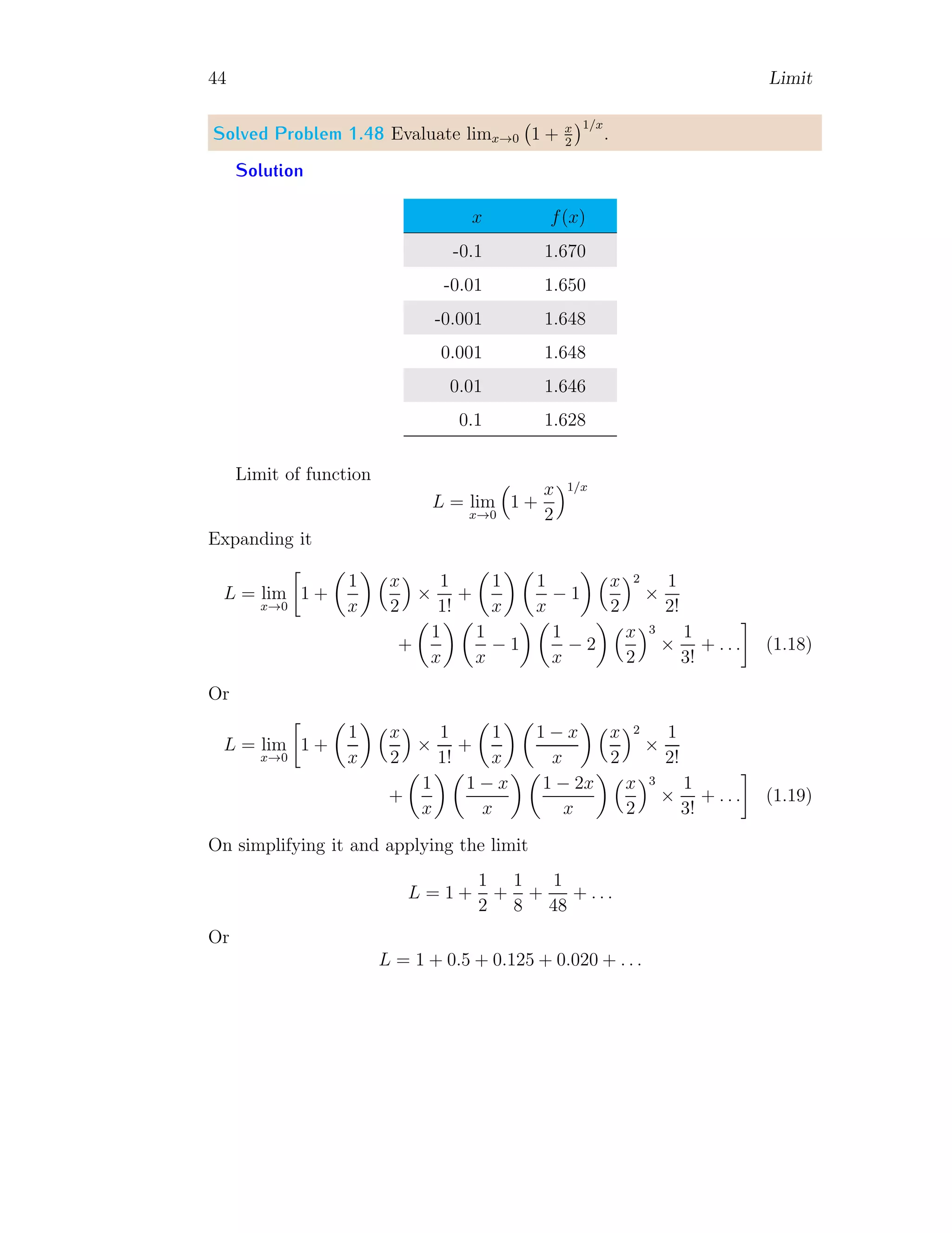 44 Limit
Solved Problem 1.48 Evaluate limx→0 1 + x
2
1/x
.
Solution
x f(x)
-0.1 1.670
-0.01 1.650
-0.001 1.648
0.001 1.648
0.01 1.646
0.1 1.628
Limit of function
L = lim
x→0

1 +
x
2
1/x
Expanding it
L = lim
x→0

1 +

1
x
 x
2

×
1
1!
+

1
x
 
1
x
− 1
 x
2
2
×
1
2!
+

1
x
 
1
x
− 1
 
1
x
− 2
 x
2
3
×
1
3!
+ . . .

(1.18)
Or
L = lim
x→0

1 +

1
x
 x
2

×
1
1!
+

1
x
 
1 − x
x
 x
2
2
×
1
2!
+

1
x
 
1 − x
x
 
1 − 2x
x
 x
2
3
×
1
3!
+ . . .

(1.19)
On simplifying it and applying the limit
L = 1 +
1
2
+
1
8
+
1
48
+ . . .
Or
L = 1 + 0.5 + 0.125 + 0.020 + . . .
 