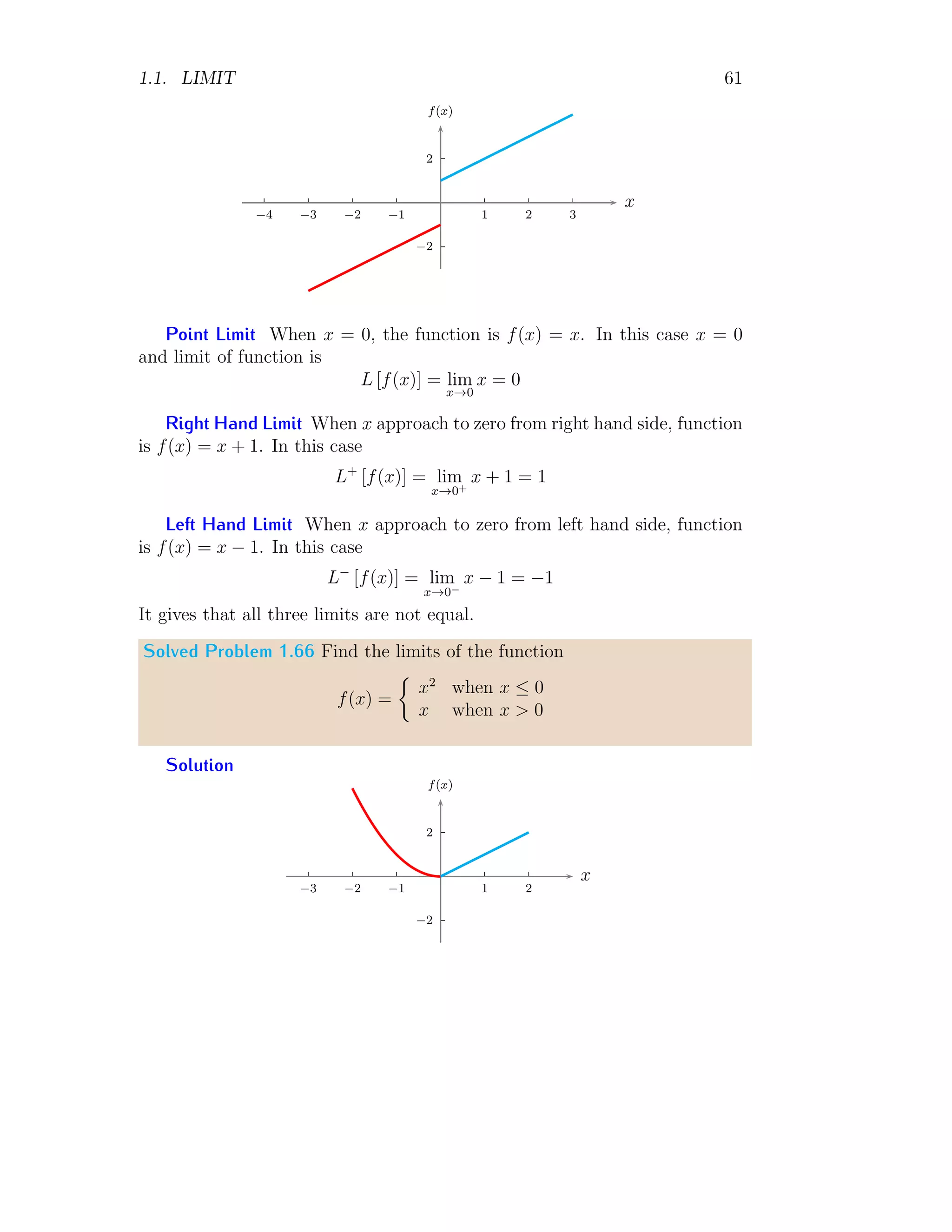 1.1. LIMIT 53
a modulus function f(x) = |x| where −n ≤ x ≤ +n. To use this range of
x in number line, function f(x) must be freed from the modulus sign. To
expand the function, we use number line concept to get a positive value of
function f(x) what ever the value of x. The conversion point of the function
is
f(x) = 0
ie
|x| = 0 ⇒ x = 0
It is the point from where function graph will change its direction. Firstly
assume that there is no modulus sign in the function. Hence function will be
like f(x) = x. when x = 0, function f(x) = 0. When x  0, function f(x) =
−x and when x  0, function f(x) = x. If only magnitude of a number in
number line is considered and is to be substituted in the function then for
left hand side numbers to the zero point, function will be f(x) = −x and for
the right hand side number to the zero point, function will be f(x) = x.
b
-5
b
-4
b
-3
b
-2
b
-1
b
0
b
1
b
2
b
3
b
4
b
5
Figure 1.4: A number line
f(x) = −x when mag x  0
f(x) = 0 when mag x = 0
f(x) = x when mag x  0
(1.33)
If we assume that the function has modulu sign, ie f(x) = |x| and numbers
of number line are substitued with sign in the equation (1.33) then for each
value of x, f(x) will be positive if equation (1.33) is rewritten as
f(x) = −x when x  0
f(x) = 0 when x = 0
f(x) = x when x  0
(1.34)
The graph of function f(x) = |x| as a function of x is shown below.
 