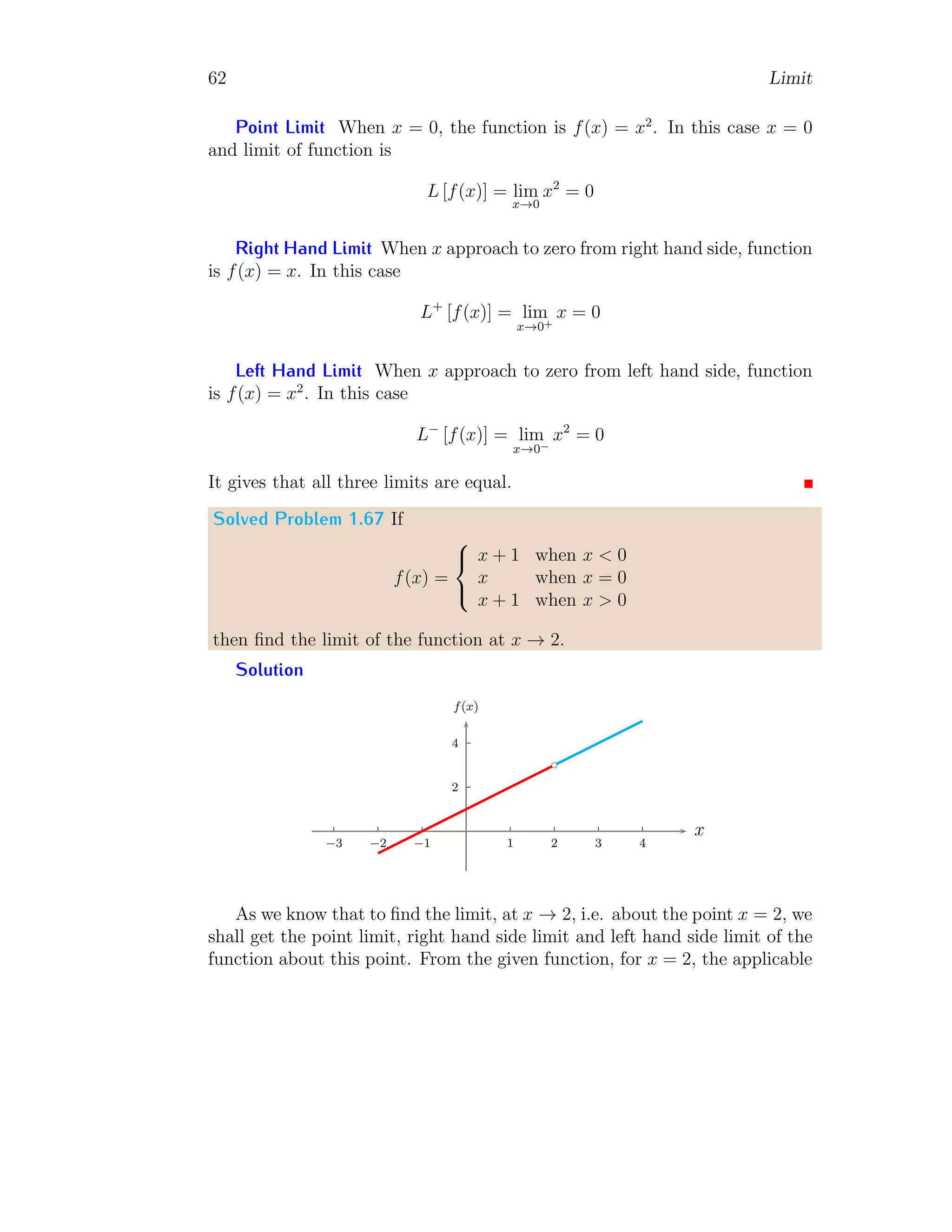 54 Limit
2
1 2
−1
−2
x
f(x)
Figure 1.5: Graph of f(x) = |x|.
Modulus in Number Line Other Than Zero
Suppose a new function f(x) = |x − a|. The modulus sign is being omitted
from this function. To do so, the point is calculated at which function has
zero value, ie the point from where function changes its direction.
f(x) = 0
ie
|x − a| = 0 ⇒ x = a
Here x = a is conversion point. Now the modulus function will be expanded
as
f(x) = −x when x  a
f(x) = 0 when x = a
f(x) = x when x  a
(1.35)
For example function f(x) = |x − 3| has graph as given below
2
4
1 2 3 4 5
−1
−2
x
f(x)
Figure 1.6: Graph of f(x) = |x − 3|.
Modulus of Trigonometric Functions
A trigonometric function has two parts, (i) trigonometric operator and (ii)
argument. The modulus operator is used either for operator or for argument
 
